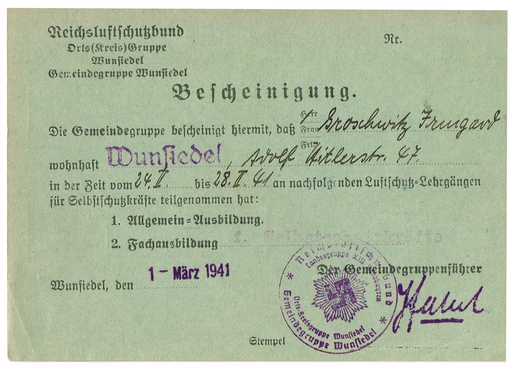 Photo Reichsluftschutzbund - Bescheinigung - Nachweis der Anwesenheit - Wunsiedel - 1 März 1941